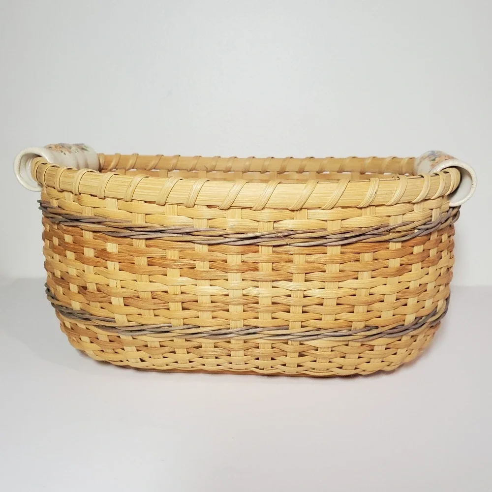 Signed‎ Artisan Woven Splint Bread Basket Wood Base Floral Porcelain Handles